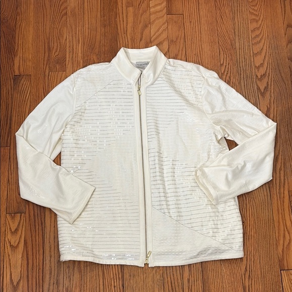 CHICO'S Sequin Full Zip Jacket  Ivory Off White Lined Pocket size 3 XL - Picture 1 of 9